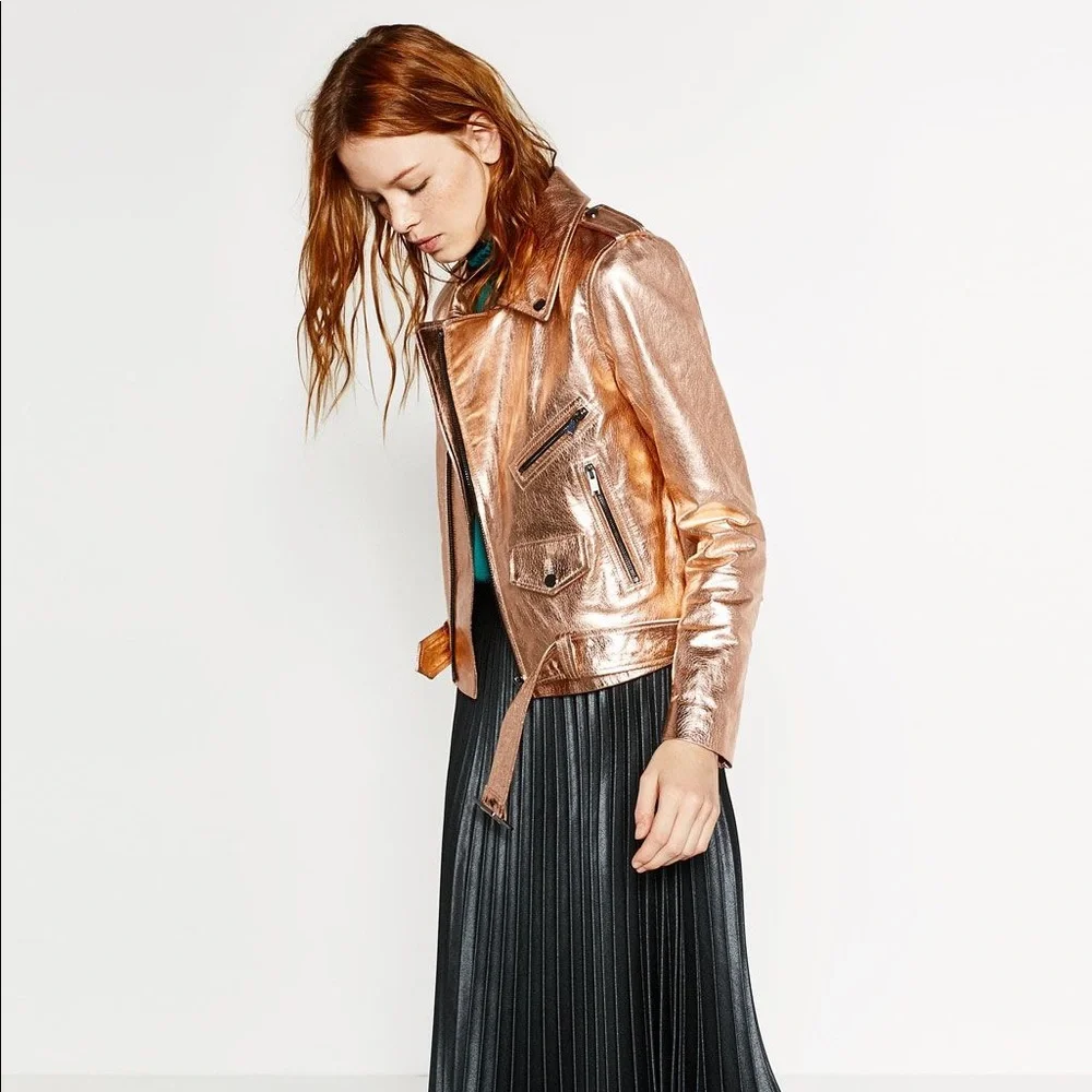 Zara Woman Metallic Rose Gold Leather Moto Jacket - Picture 8 of 16